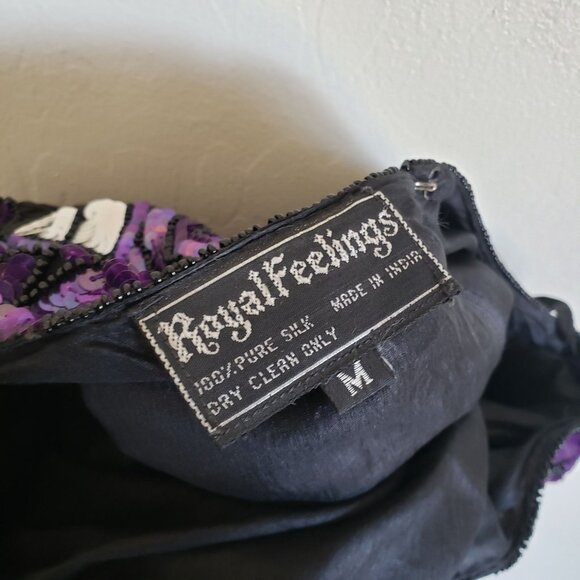 Vintage 100% Silk Full Sequin Beaded Floral Dress Sz M Black/Purple Event Formal - Picture 2 of 12